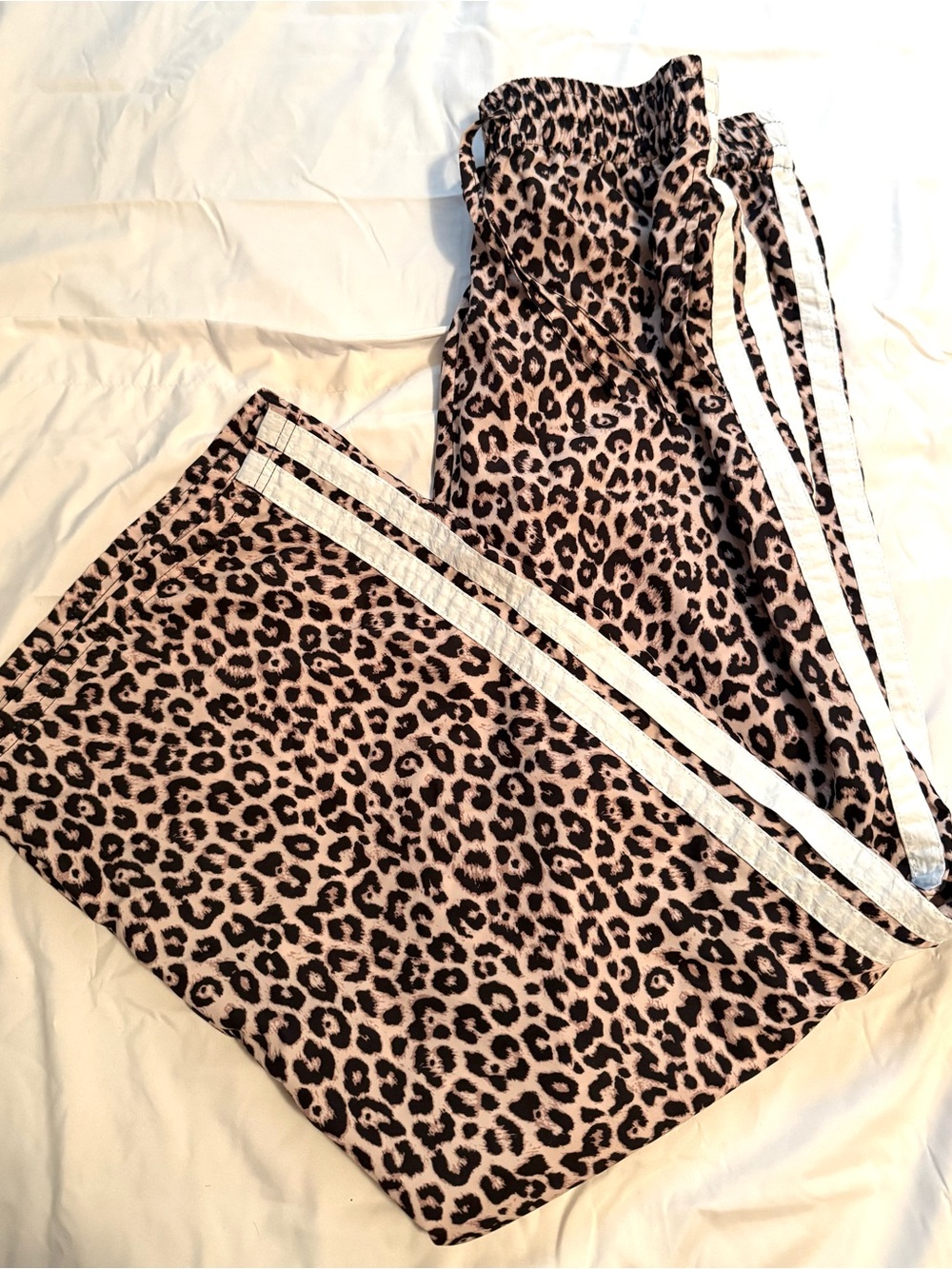 Leopard Print Wide Leg Nylon Track Pants with double white stripes down Legs